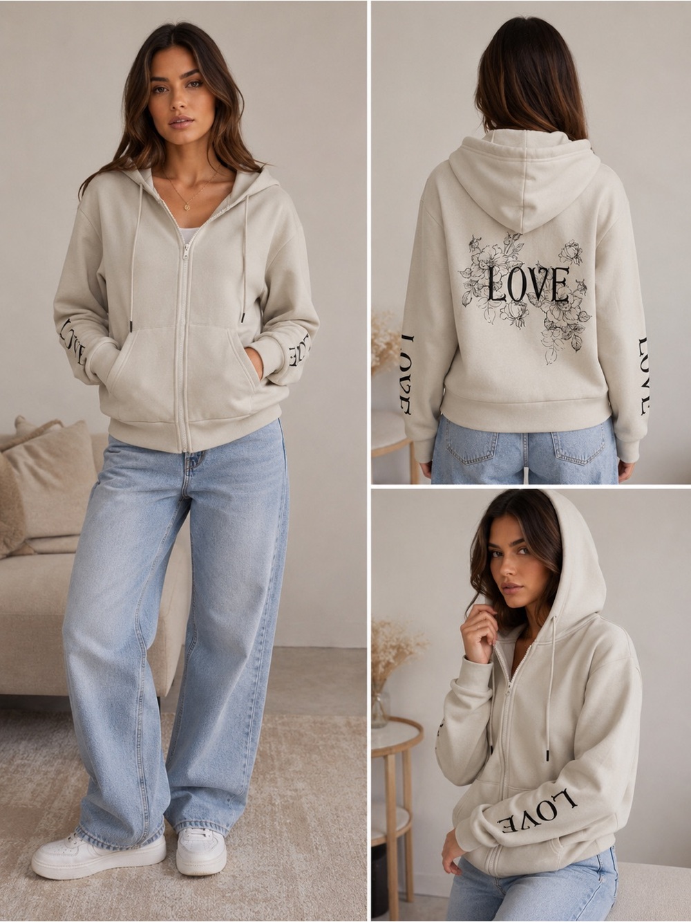 Young & Chic Super Soft Full Zip Hoodie Jacket NWT XS Cream LOVE Graphic